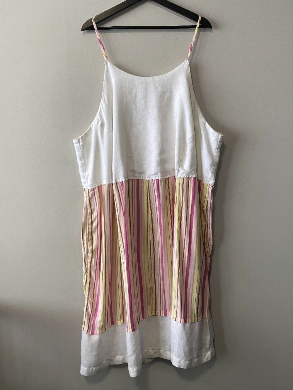 Handmade Plus Size Viscose Linen White Multi Color Stripes Strappy Pockets Dress
